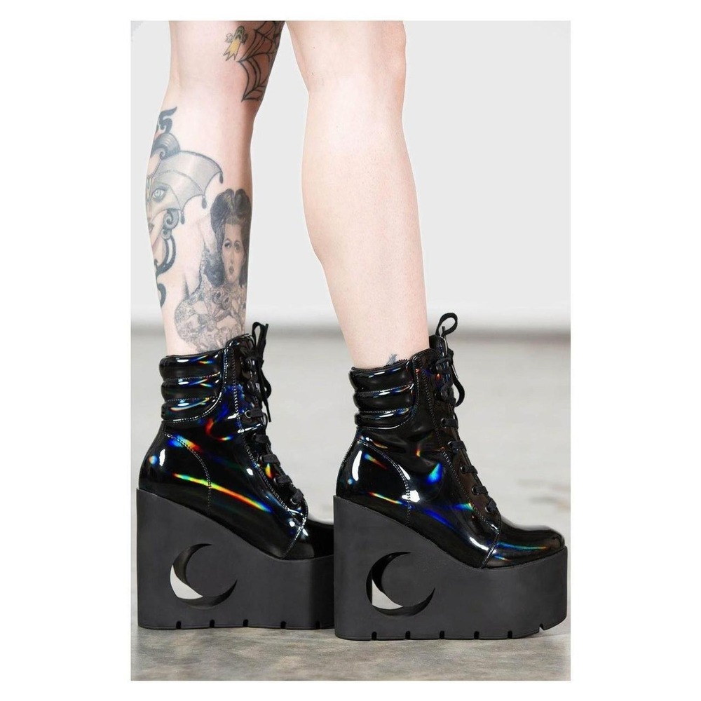 Killstar Diana Crescent wedge black gloss holographic‎ rainbow ankle boots